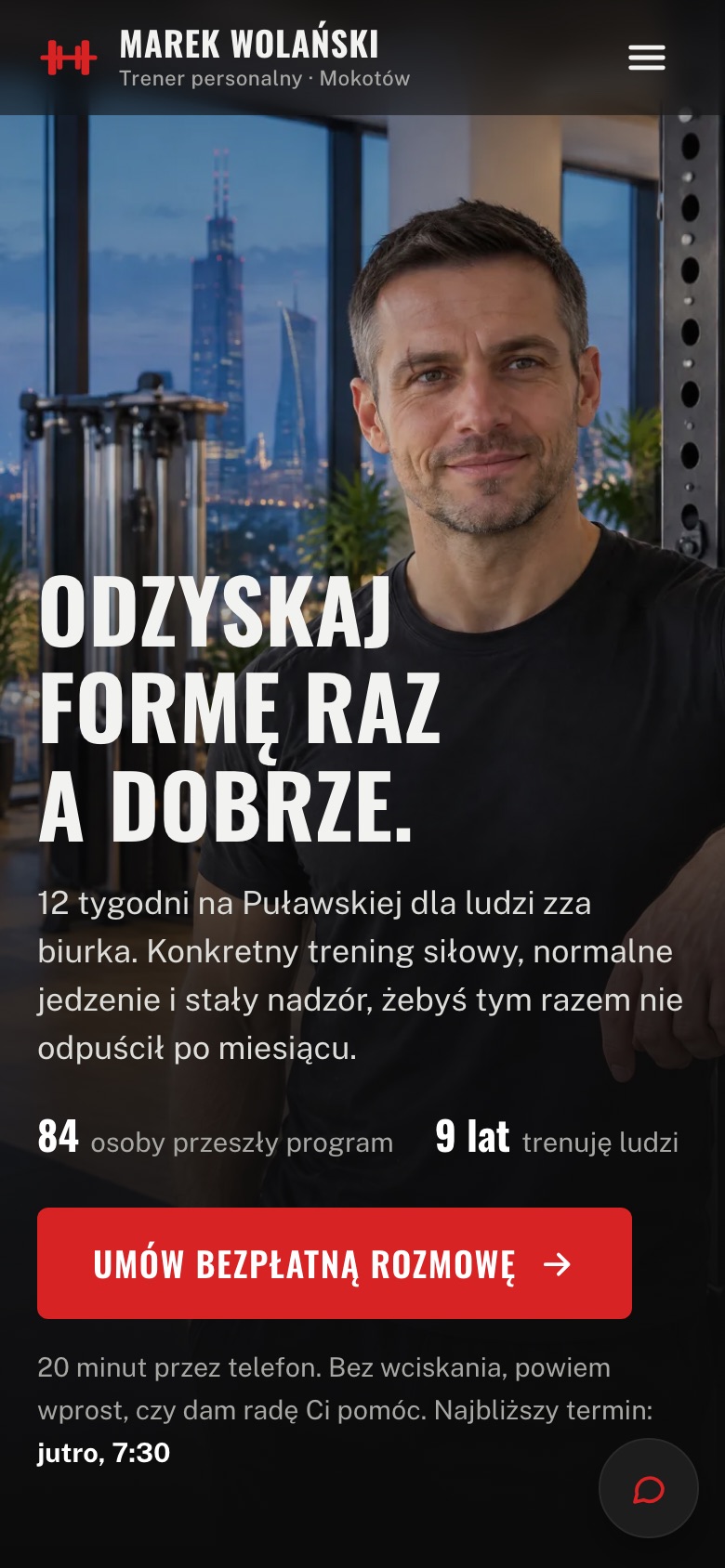 Strona: Trener personalny, widok na telefonie